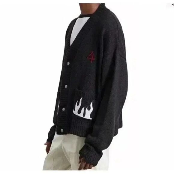 STRANGER THINGS PACSUN BLACK THINGS FLAMES CARDIGAN SWEATER SIZE LARGE - Picture 2 of 9